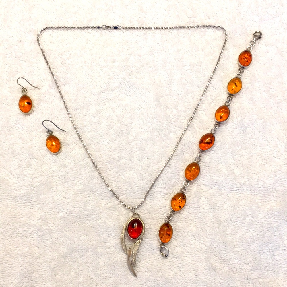 VTG AMBER Necklace, Bracelet, Earring Set on 925